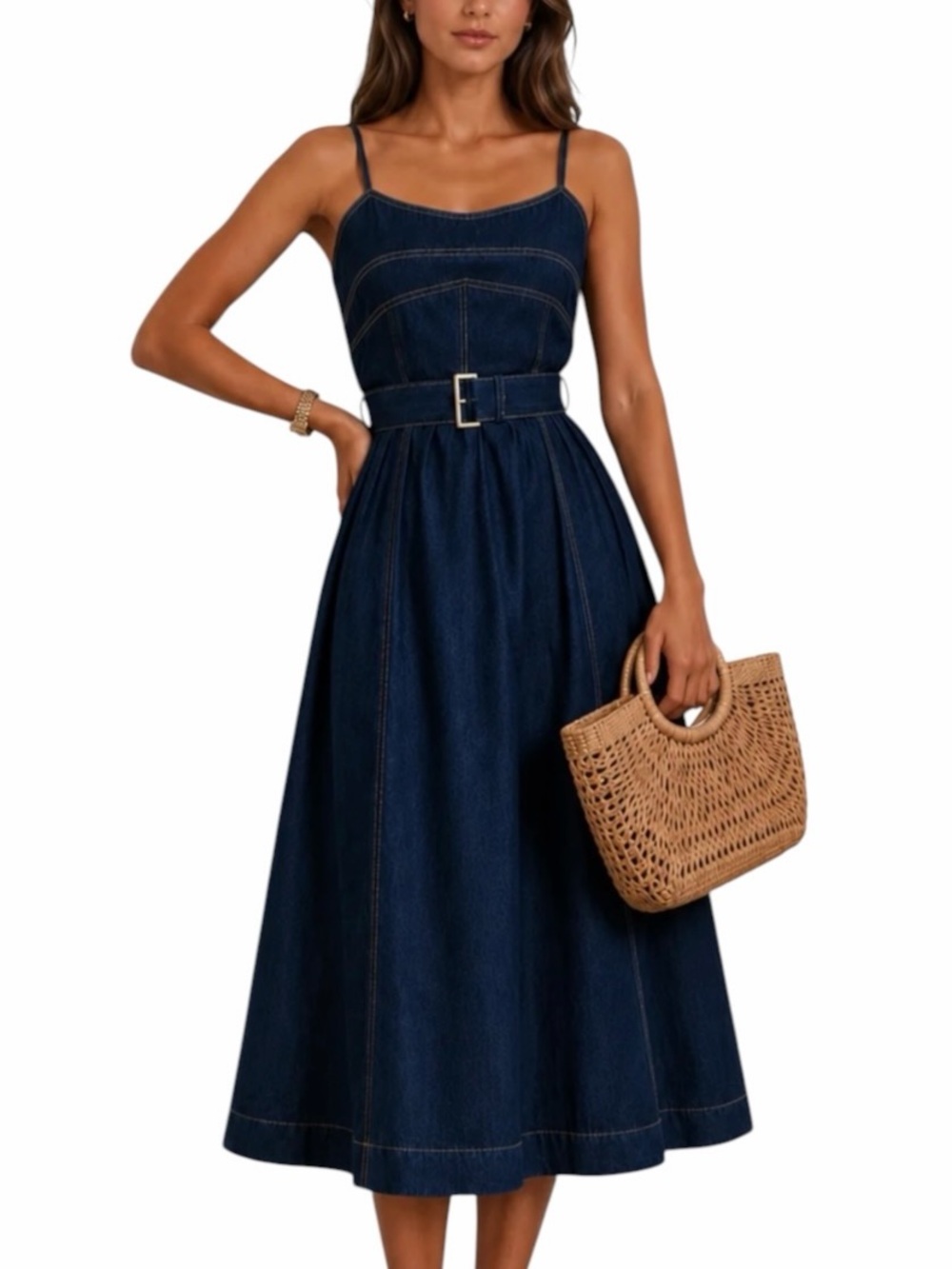 Commense Belted A-Line Denim Cami Midi Dress Dark Blue Small NWT